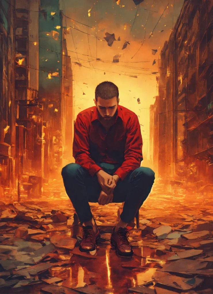 A young man sits dejectedly on a chair with his head bowed. The constant background shows a city in ruins.