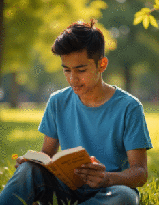 A 20-year-old Indian boy with short, dark hair, wearing a casual blue t-shirt, sitting in a sunlit park on a summer afternoon, engrossed in reading the bestselling book "maybe you talk to someone".