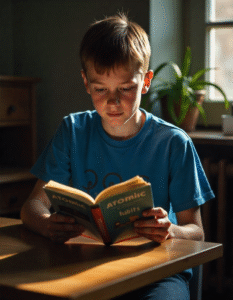 A 20 year old American boy read one of the best selling book the atomic habit on his desk