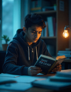 A 20-year-old Bengali boy with a determined look, sporting a stylish hoodie, reading "Dare to Lead" in a cluttered study room with scattered papers on a snowy winter night.