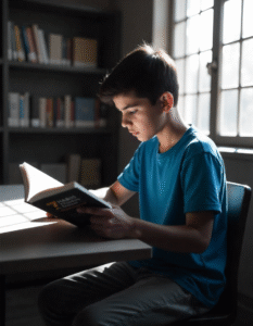 A 20-year-old Indian boy with short, dark hair, wearing a casual blue t-shirt and jeans, sitting at a wooden desk in a sunlit university library, engrossed in reading "7 Habits of Highly Effective People", with sunlight streaming through the window.