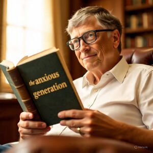 "A thoughtful elderly man with glasses is sitting comfortably by the window in a cozy library, reading a hardcover book titled 'The Anxious Generation.' He is dressed in a crisp white shirt, looking reflective and calm while holding the book. The warm sunlight streaming through the window and the background of wooden bookshelves add a scholarly, intellectual atmosphere."