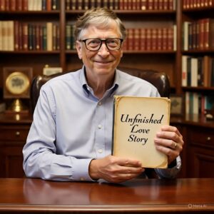 A smiling elderly man with glasses and gray hair is sitting at a polished wooden desk in a classic library filled with bookshelves. He is wearing a light blue shirt and holding up an old, slightly worn book with the title 'Unfinished Love Story' written on its cover. The warm, scholarly setting and his cheerful expression create an atmosphere of wisdom, nostalgia, and storytelling.