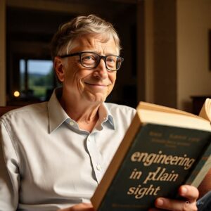 A smiling elderly man with gray hair and glasses is sitting indoors, holding and reading a book titled 'Engineering in Plain Sight.' He is dressed in a light-colored shirt and looks relaxed, with warm lighting creating a cozy atmosphere in the background. The scene conveys wisdom, knowledge, and a love for reading