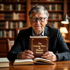 "An elderly man with gray hair and glasses, wearing a dark suit jacket and light shirt, is sitting in a cozy library filled with bookshelves. He is holding a book titled 'The Coming Wave by Mustafa Suleman' close to his face while smiling warmly at the camera. A reading lamp glows softly in the background, enhancing the scholarly and intellectual atmosphere."