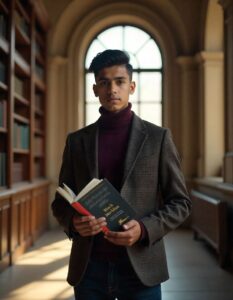 A 28-year-old Indian boy stands in a grand library, sunlight streaming through arched windows, holding Carmack Myakarthir's "Black Meridian." He wears a tailored tweed jacket, a maroon turtleneck, and dark denim jeans. His hair is short, black, and neatly styled.