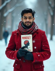 A 25-year-old Indian college student is walking across a snowy campus in winter, holding the book "Mindset" close to his chest. He is bundled in a red winter coat and a scarf, with the book title clearly visible. Snowflakes are falling around him.