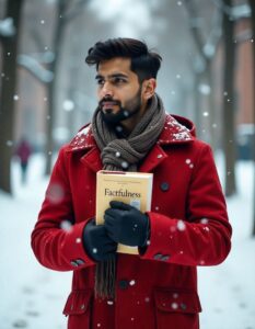 A 25-year-old Indian college student is walking across a snowy campus in winter, holding the book "Factfulness" close to his chest. He is bundled in a red winter coat and a scarf, with the book title clearly visible. Snowflakes are falling around him.