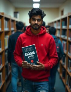 A twenty-year-old Indian man in a crowded college library, holding a best-selling book titled "$100M offer" he just removed from the shelf. He is wearing a red hoodie and ripped jeans, with messy black hair. Students are blurred in the background, creating a busy atmosphere.