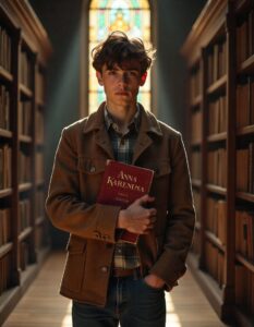 A 28-year-old Caucasian boy standing in a grand, old library with towering bookshelves, holding Leo Tolstoy's "Anna Karenina". He is dressed in a tweed jacket and jeans, with tousled brown hair, under the soft glow of a stained-glass window on a sunny autumn afternoon.