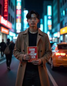 A 23-year-old Asian man stands on a bustling city street at night, holding "Think and Grow Rich." He is wearing a stylish trench coat and dark pants, with neatly combed black hair. Neon lights and car headlights create a dynamic urban scene.