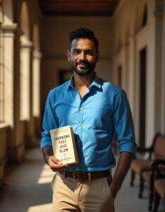 A 24-year-old Indian man with a neatly trimmed beard, wearing a blue button-down shirt and khaki pants, stands in a grand library with high, arched windows during a sunny afternoon, holding the book "Thinking Fast and Slow" in his hand.