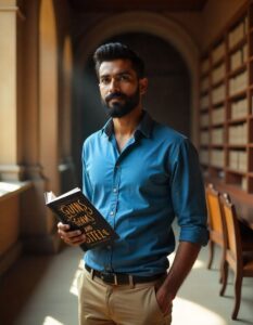 A 24-year-old Indian man with a neatly trimmed beard, wearing a blue button-down shirt and khaki pants, stands in a grand library with high, arched windows during a sunny afternoon, holding the book "guns,germs, and steel" in his hand.