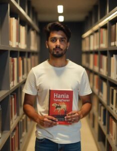 A 28 year old Indian boy holding the book "Hania yanagiharer A little life", standing in a modern, minimalist library with sleek metal shelves, under the soft glow of recessed lighting, wearing a casual t-shirt and jeans.