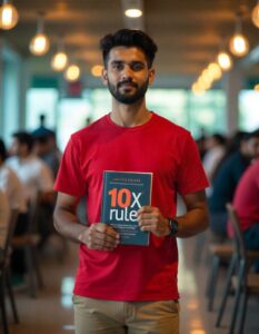 A 22-year-old Indian man in college clothes stands with one of the world's best books, "The millionaire fastlane" in his hand.