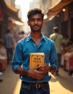 A 28-year-old Indian boy stands in a bustling Mumbai market, holding "War and Peace by Leo Tolstoy". He wears a casual blue linen shirt and dark jeans, with short, neatly styled black hair. The market is crowded with vendors and shoppers under the bright midday sun.