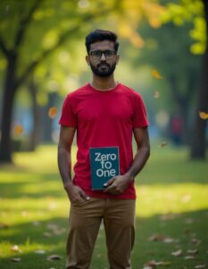 A 22-year-old Indian man wearing a red t-shirt and khaki pants stands on a college campus green during autumn, holding the book "zero to one" in his hand, leaves falling around him.
