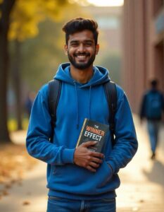 A 22-year-old Indian man in college clothes stands with one of the world's best books, "The Winner Effect," in his hand.