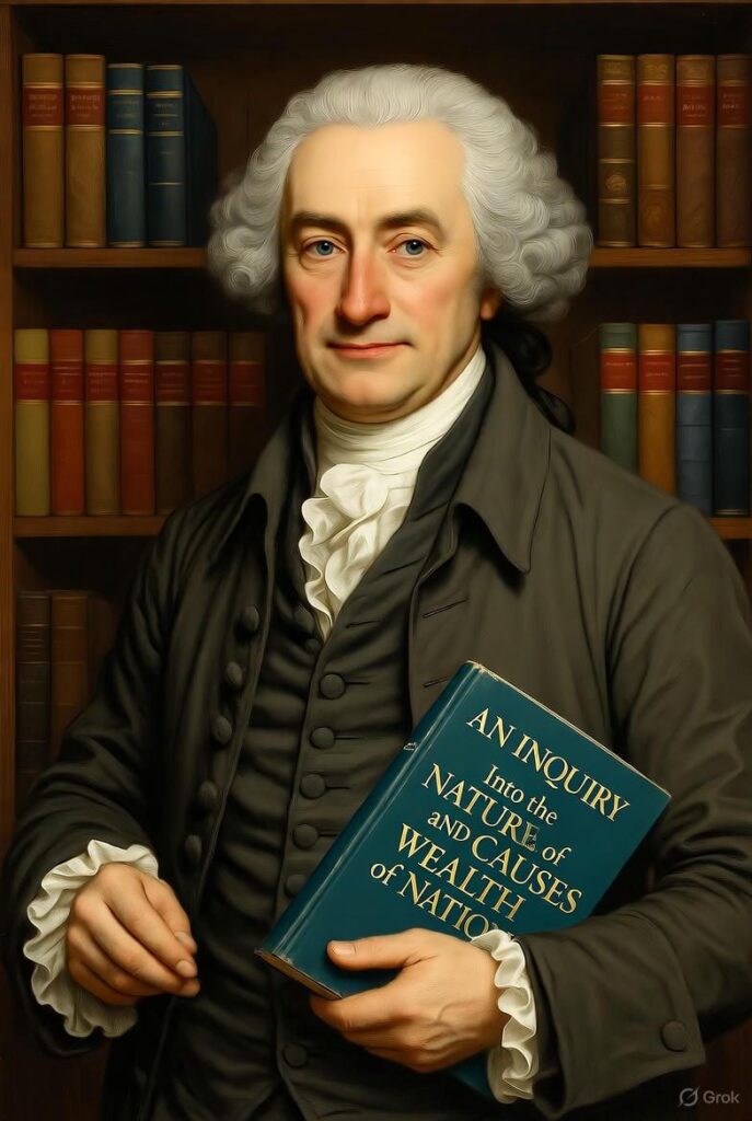 "A classic portrait of Adam Smith, the renowned economist, holding his seminal work 'An Inquiry into the Nature and Causes of the Wealth of Nations,' set against a backdrop of vintage bookshelves, symbolizing his enduring legacy in economic theory."