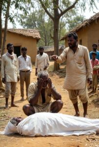 A remote village in Pune, India. A 60-year-old man sits on the ground, crying, with his wife's body in front of him.
The old man is begging people in the village to bury his wife there. But a man is pointing his finger at him and telling him to leave the village.

