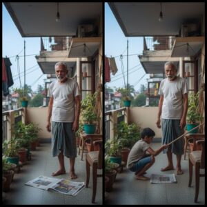 An elderly man standing thoughtfully on a quiet apartment balcony, surrounded by potted plants and household details, with a newspaper lying open on the floor, evoking solitude and reflection.