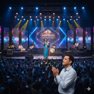 Bengali live music concert in Kolkata featuring a female singer on stage with a full band, professional lighting setup, and an energetic audience enjoying a cultural musical event.