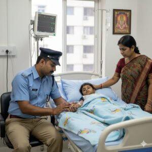 A police officer sits beside a hospital bed holding a young child’s hand while the child’s mother stands nearby, showing emotional support during treatment.