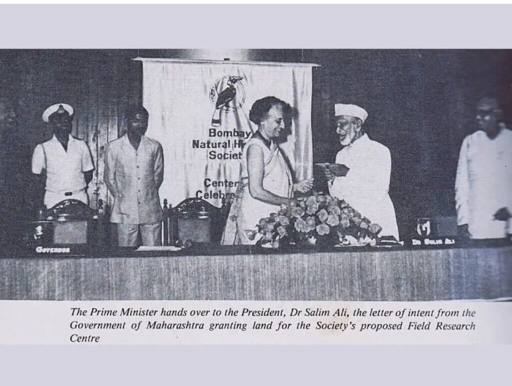 "Prime Minister Indira Gandhi handing over Maharashtra government land grant letter to Dr. Salim Ali, President of Bombay Natural History Society (BNHS), for proposed Field Research Centre during historic ceremony" পাখি