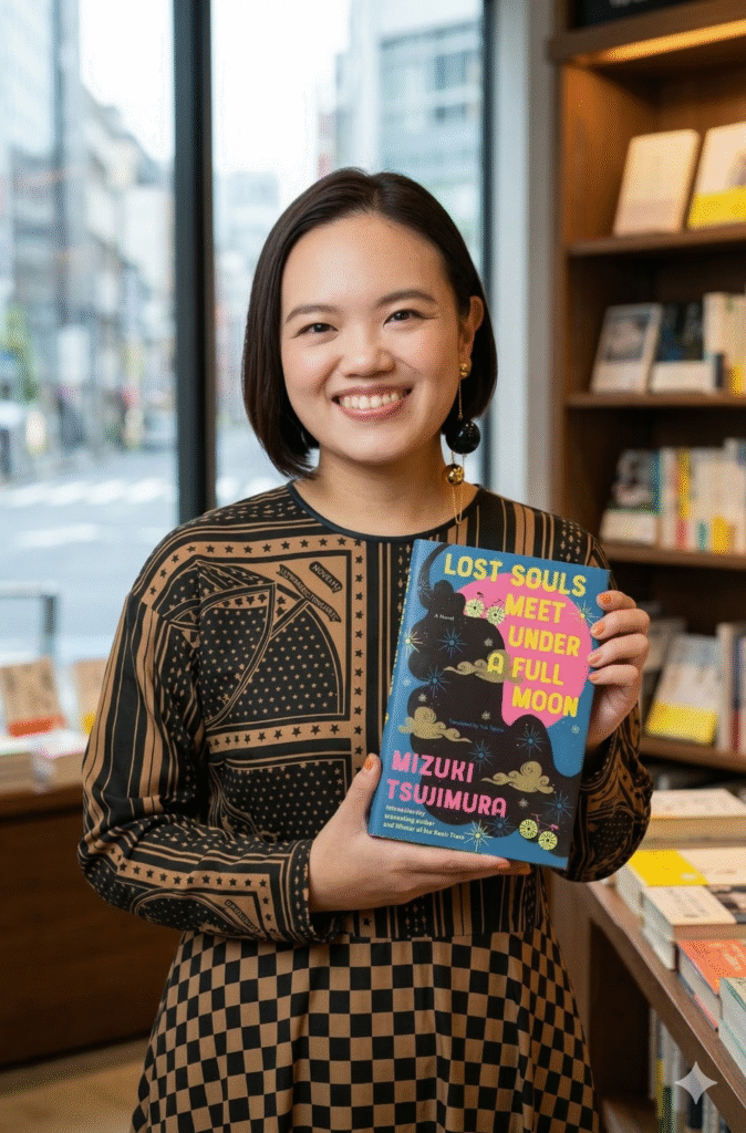 Japanese author Mizuki Tsujimura holding her book 'Lost Souls Meet Under a Full Moon' in a brightly lit bookstore. The book cover features a vibrant pink moon and yellow typography. Ideal for fans of contemporary Japanese literature and Naoki Prize winners. জাপান 