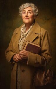 Discover this beautiful realistic portrait of a famous detective novelist Agatha Christie featuring soft wavy silver hair, intelligent blue eyes, and a graceful expression. Dressed in a warm textured brown herringbone overcoat paired with a subtle green scarf, she gently holds a vintage leather book while carrying a small leather handbag. The dramatic dark background and professional lighting highlight her dignified presence, making this AI-generated image perfect for themes of timeless elegance, mature beauty, classic literature characters, and sophisticated vintage style.
