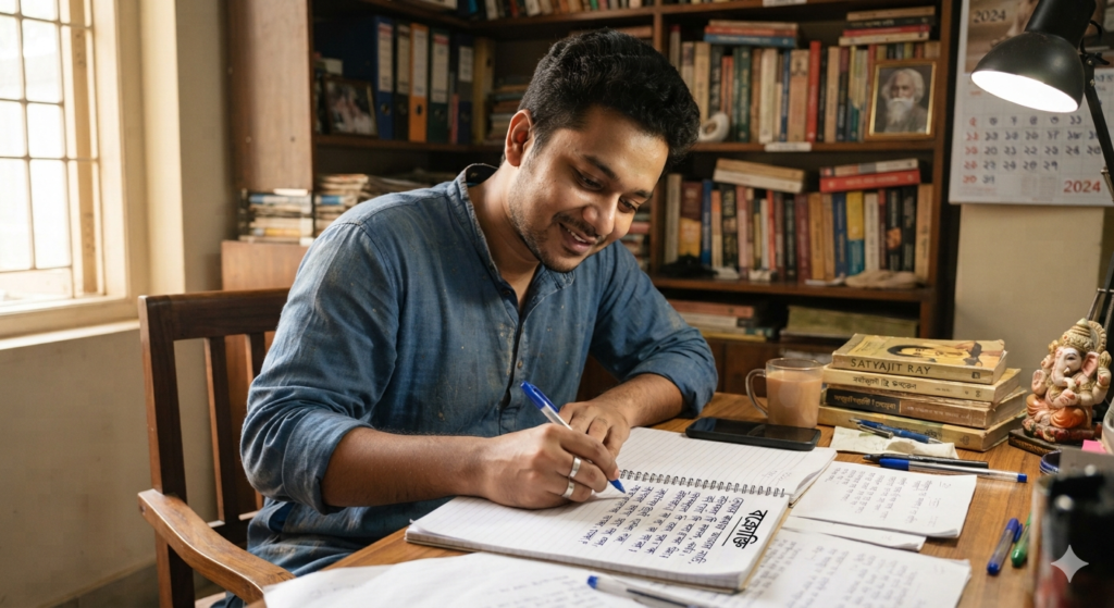 A 25 yera old boy wearing a
A 25 years old boy sitting in his study room, wearing Punjabi, and writing a Bengali poetry
