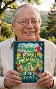 92 years old Ruskin bond hold his new book, life's magic moments. With his beautiful smile