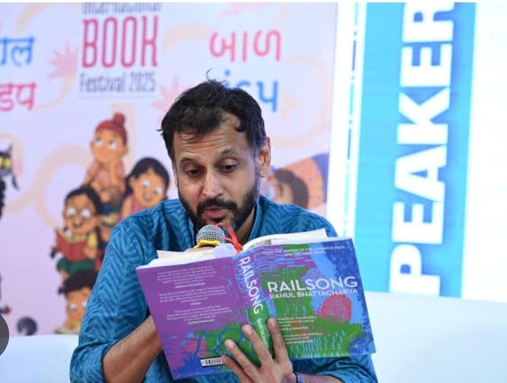 Writer Rahul Bhattacharya reading his new published book "rail song" front of the audience, in a book launch ceremony in New Delhi